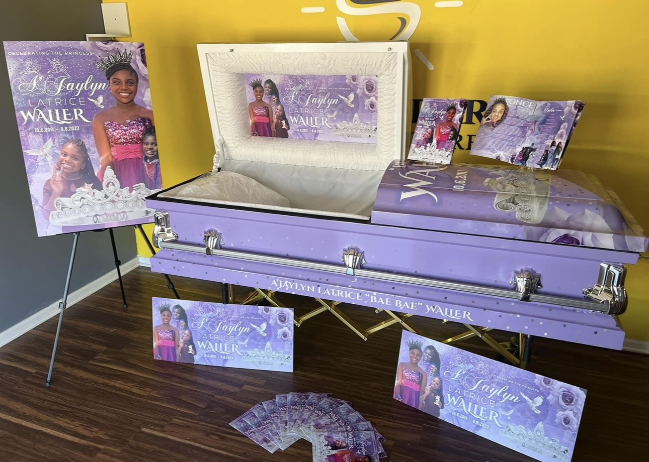 Coordinated casket wrap, memorial programs and tribute displays