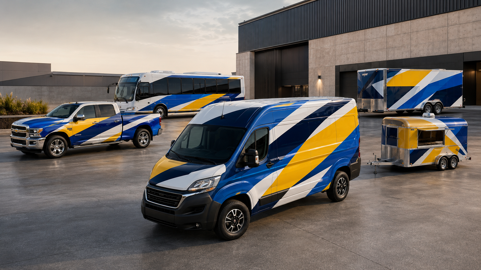 A coordinated commercial fleet with wrapped van, truck, bus and trailers